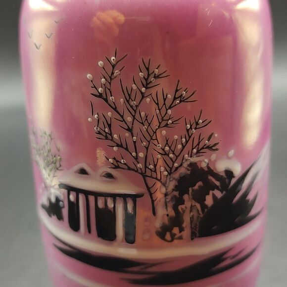 Nippon Hand Painted Pink Lusterware Vase Vintage Winter Scene Stamped - Picture 7 of 7